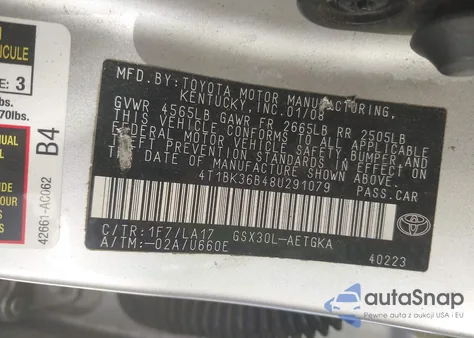 2008 Toyota Avalon Xls z USA, uszkodzony, nr VIN 4T1BK36B48U291079